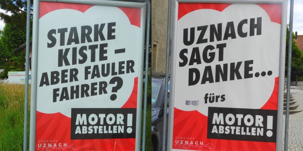 Mit solchen Schildern sollen AutofahrerInnen dazu gebracht werden, beim Warten den Motor abzustellen.