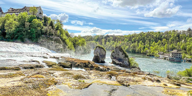Der Rheinfall zeigt sich bei niedrigem Wasserstand von seiner sanften Seite. Freigelegte Felsen und frisches Frühlingsgrün am Ufer schaffen eine idyllische Szenerie unter strahlendem Himmel und leuchtenden Wolkenformationen.