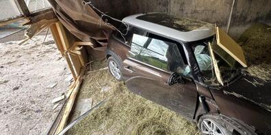 Der Unfallwagen fuhr durch das geschlossene Tor in den Kuhstall.