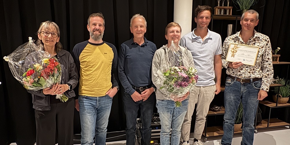 Silvana Braun (10 Jahre Vorstand), Jürgen Wehrle (neuer  Präsident), Otto Graf (25 Jahre Revisor), Franziska Joller (10 Jahre Vorstand),  Oliver Baumann (Revisor neu), Peter Züst (scheidender Präsident)