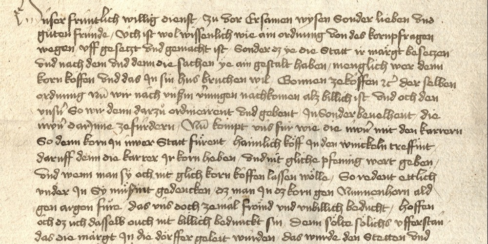 Beschwerde des Bürgermeisters und Rat von Lindau im Juli 1437. Getreide soll nur auf den dafür vorgesehenen Märkten verkauft werden