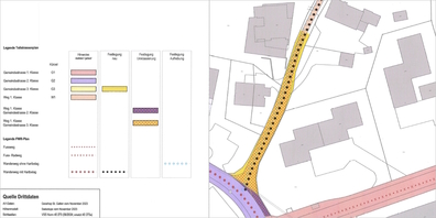 Ausschnitt des Teilstrassenplans Lenggisergasse, Grundstück 698J und 2773J, für eine Teil-Umklassierung wegen eines Strassenbauprojektes.