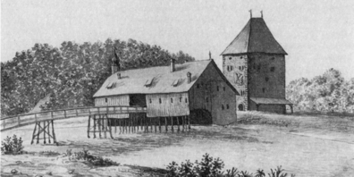 Die Grynau vor der Linthkorrektion um das Jahr 1786. Der Turm steht bereits seit dem 13. Jahrhundert.