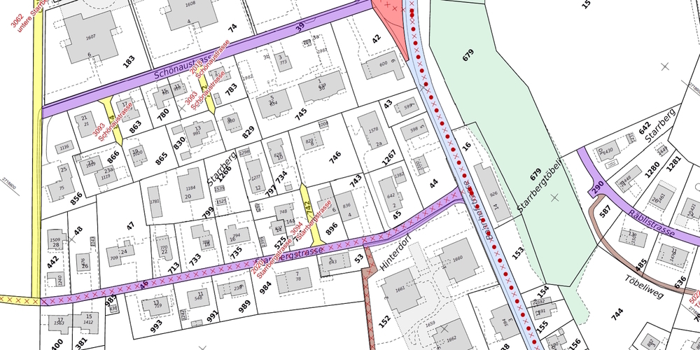 Ausschnitt der Überarbeitung des Benkner Gemeindestrassenplans inkl. FWR-Plan im Gebiet Starrberg.