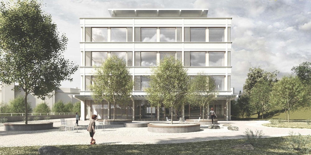 Visualisierung Schulanlage Riedhof – Fassadenansicht mit Pausenbereich.