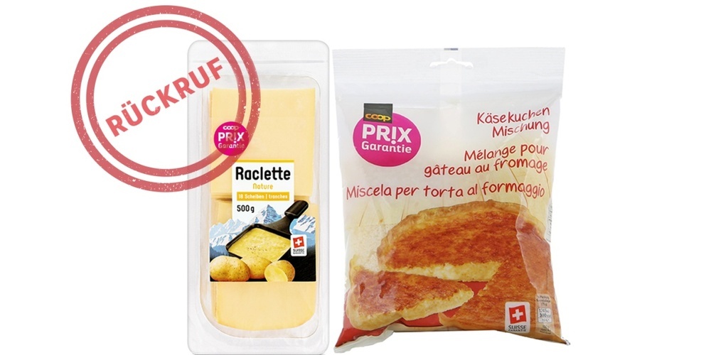 Betroffen sind: 6.753.944 Prix Garantie Käsekuchenmischung 300 Gramm und 6.846.591 Prix Garantie Raclette Scheiben 500 Gramm