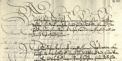 Schreiben von Schultheiss und Rat von Frauenfeld an die St.Galler Stadtregierung vom 26. März 1650. Schriftbeispiel zur Verzierung einer Missive mit noch oben verlängertem Vertikalstrich der Buchstaben auf der ersten Linie