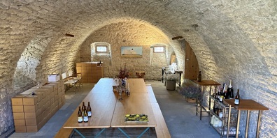 Prosit im 244 Jahre alten Weinkeller des Weinguts Bollingen