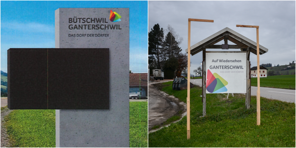 Visualisierung Ortseingangstafeln und Ortseingangsschild. 