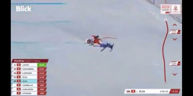 Lia Elsa (SC Grüsch-Danusa) rutscht regungslos in den Zielraum beim Super-G. (Screenshot 20Min.)