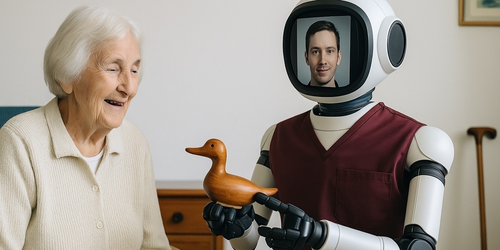Ein Pflege- und Assistenzroboter übergibt einer älteren Frau eine Holzente. Eine friedliche und unterstützende Interaktion.