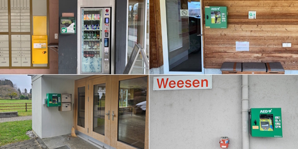 Defibrillatoren der Gemeinde Weesen bei Gemeindehaus (l.o.), kath. Kirchgemeindehaus (l.u.), Clubhaus FC Weesen (r.o.) und Feuerwehrdepot.