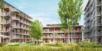 Die neue Überbauung vereint nachhaltige Holzarchitektur mit modernen Wohnungen und einer integrierten Schulerweiterung. 