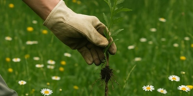 Ein Berufkraut wird mit der Hand aus einer Wiese entfernt – im Einsatz gegen invasive Neophyten.