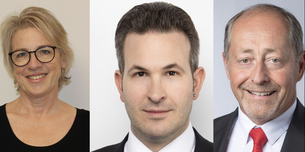 V.l.: Manuela Tremonte, SP; Andreas Keiser, SVP; Walter Staub, FDP