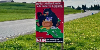 Plakat für ein Nein: Der Stadt-St.Galler Bär bedient sich gierig am finanziellen Honigtopf des Kantons St.Gallen. Ein Podium diskutiert Pro und Contra.