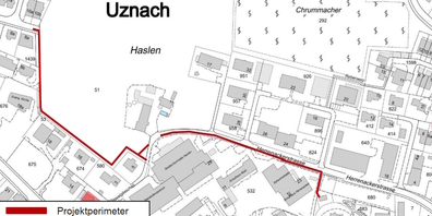 Karte des Projektperimeters (rot) für den Ausbau des Elektrizitätstrassees und der öffentlichen Beleuchtung in Uznach.