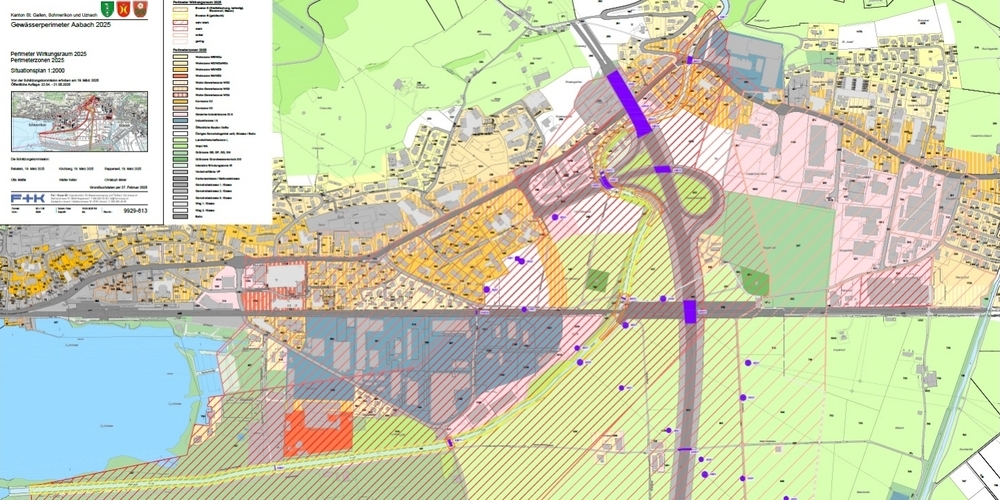 Ausschnitt aus dem Gewässerperimeter Aabach 2025 in Schmerikon und Uznach mit Beitragsplan.
