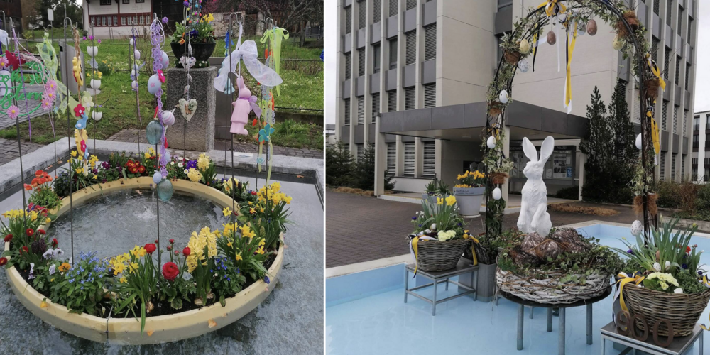 Links der Brunnen auf dem Dorfplatz (Gestaltung: ref. Kirchgemeinde) und rechts auf dem Bild der Brunnen vor dem Gemeindehaus (Gestaltung: Frauenverein)