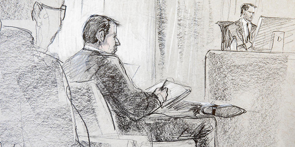 Reeder Hans-Jürg Grunder auf einer Zeichnung vom ersten Prozesstag.