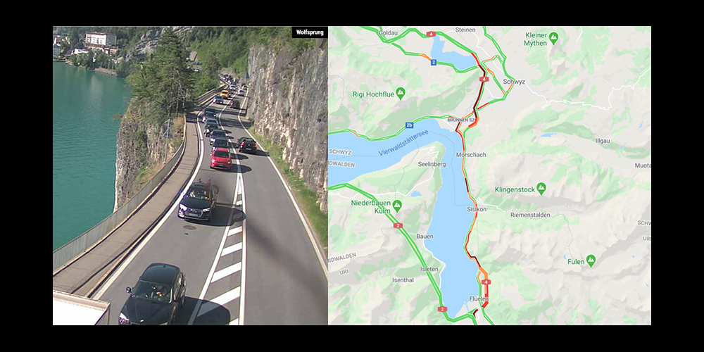 Links: Blechlawine vor dem Wolfsprung. Rechts: Rückstau bis zurück nach Seewen.