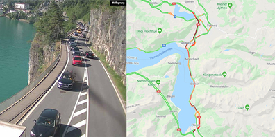 Links: Blechlawine vor dem Wolfsprung. Rechts: Rückstau bis zurück nach Seewen.