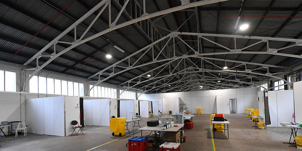 General view of facilities at the St Johns Ambulance Victoria pop up Hospital at the Melbourne Showgrounds in Melbourne, Tuesday, July 7, 2020. St Johns Ambulance   Victoria has setup a treatment facility at the Melbourne Showgrounds in anticipati...