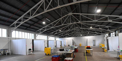 General view of facilities at the St Johns Ambulance Victoria pop up Hospital at the Melbourne Showgrounds in Melbourne, Tuesday, July 7, 2020. St Johns Ambulance   Victoria has setup a treatment facility at the Melbourne Showgrounds in anticipati...