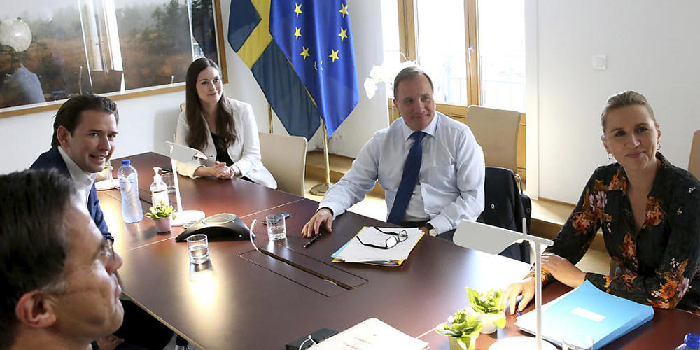 Die "Sparsamen Vier" - Österreich, die Niederlande, Dänemark, Schweden. Im Bild der niederländische Premier Mark Rutte (l), Österreichs Kanzler Sebastian Kunz, Finnlands Premierministerin Sanna Marin, Schwedens Premier Stefan Lofven und Dänemarks ...