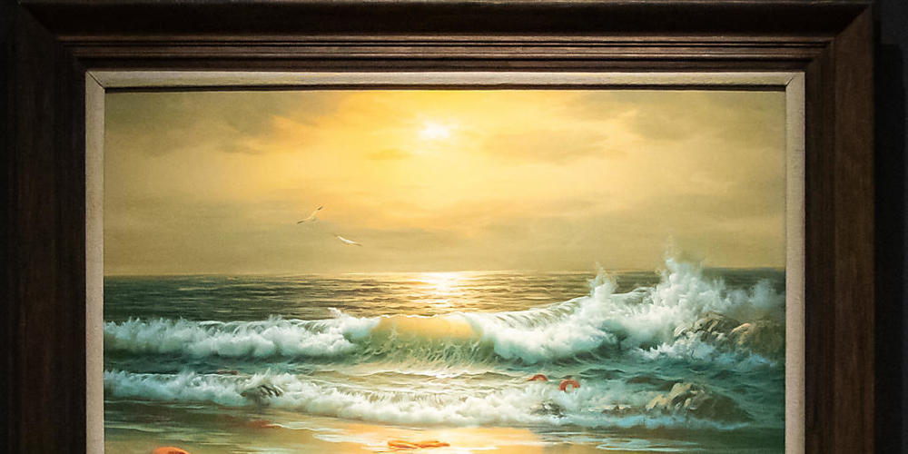 ARCHIV - Ein Gemälde aus dem Triptychon mit dem Namen «Mediterranean Sea View 2017» des britischen Künstlers Banksy hängt im Auktionshaus Sotheby's. Foto: Aaron Chown/PA Wire/dpa - ACHTUNG: Nur zur redaktionellen Verwendung im Zusammenhang mit ein...