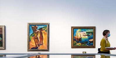ARCHIV - Die Arbeiten (v.l.) «Sommerabend am See», 1934, «Auf der Düne», 1932, «Am Belasee», 1932, und «Malven am Haus», von Karl Schmidt-Rottluff, sind während einer Vorbesichtigung in den Kunstsammlungen Chemnitz zu sehen. Foto: Hendrik Schmidt/...