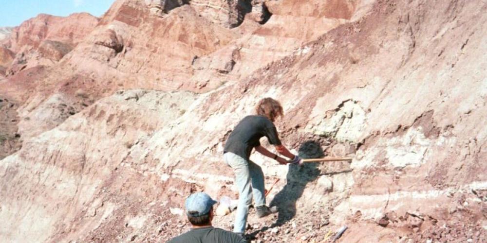 Grabung im Junggar-Becken in Nordwest-China im Jahr 2001: Fundstelle des Dinosaurierknochens mit Bissspuren. (Andreas Matzke, Uni Tübingen)