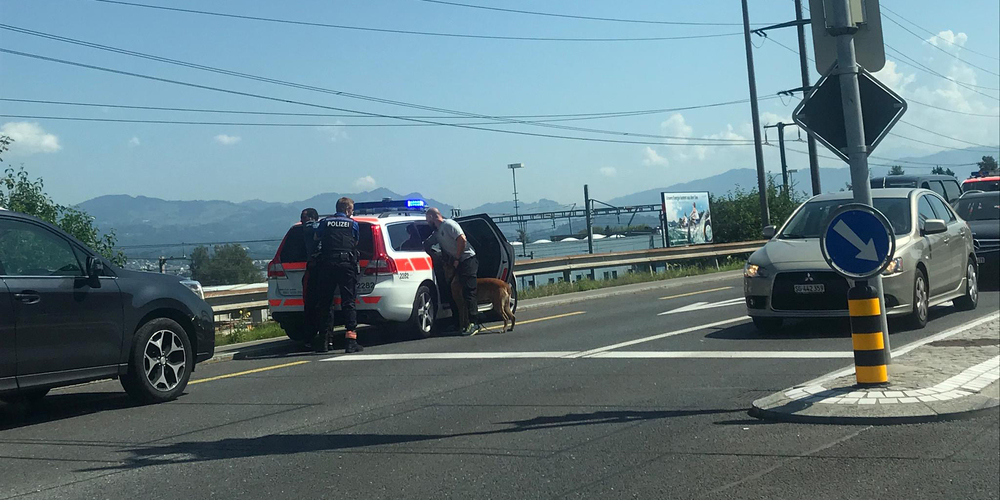 Der Autodieb wurde auf der Kreuzung in Pfäffikon kurz nach der Autobahn-Ausfahrt festgenommen. (Bild: Leserfoto)