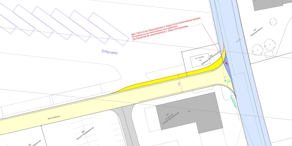 Ausschnitt aus dem Benkner Teilstrassenplan Einlenker Mönchhofstrasse mit den geplanten Anpassungen (kräftigere Gelbtöne).