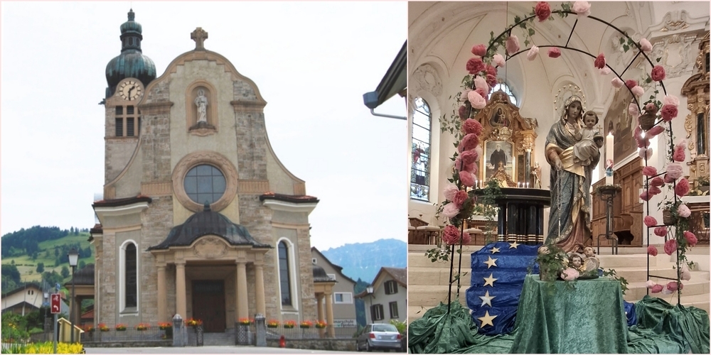 Maiandacht in der Kirche St. Magnus: Blüten des Glaubens, der Hoffnung und der Liebe am Bogen um die Marienstatue (r.).