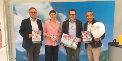 Gemeinsam für ein NEIN zur «Kündigungsinitiative» am 27. September (v.l.n.r.): Daniel Stutz (Grüne), Barbara Gysi (SP), Benedikt Würth (CVP) und Jigme Shitsetsang (FDP).