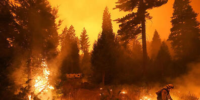 dpatopbilder - Ein Feuerwehrmann ist bei einem Waldbrand im Einsatz. In ganz Kalifornien waren laut einem Lagebericht der Feuerwehr von Sonntag zuletzt mehr als 14 800 Einsatzkräfte damit beschäftigt, 23 größere Brände einzudämmen. Foto: Marcio Jo...