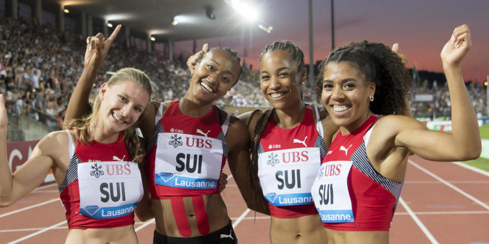 Die Schweizer 100-Meter-Sprintstaffel mit Mujinga Kambundji, Salome Kora, Sarah Atcho and Ajla Del Ponte (von rechts) an der Athletissima 2019. (Archivbild)