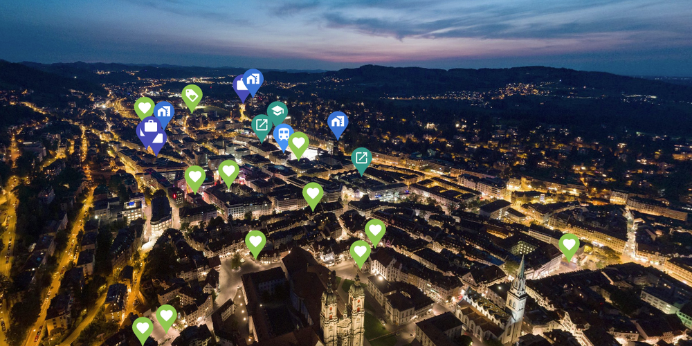 Die Besucher können Immobilien und Arealentwicklungen, Bildungsstandorte, Lieblingsplätze sowie Unternehmungen und ganze Cluster am Bildschirm erleben.