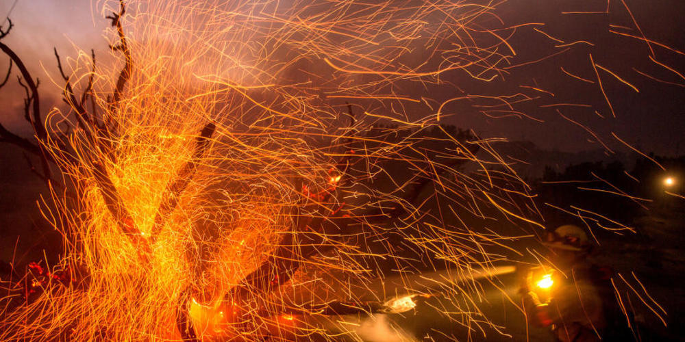 Der Wind weht die Glut von den Bäumen, während ein Feuerwehrmann gegen das Bobcat-Feuer kämpft. Foto: Ringo Chiu/ZUMA Wire/dpa
