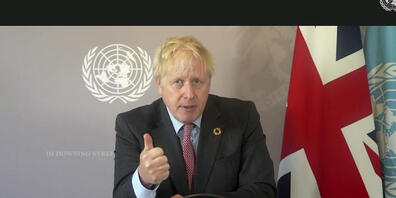 HANDOUT - «Wir wissen, dass wir so nicht weitermachen können.»: Premier Boris Johnson bei seiner aufgezeichneten Rede. Foto: -/UNTV/AP/dpa - ACHTUNG: Nur zur redaktionellen Verwendung und nur mit vollständiger Nennung des vorstehenden Credits