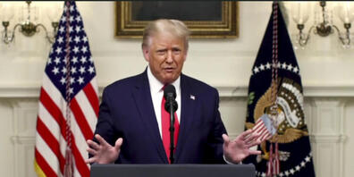 SCREENSHOT - Donald Trump, Präsident der USA, spricht während einer vorab aufgezeichneten Videobotschaft anlässlich des Beginns der Generaldebatte der 75. UN-Vollversammlung. Foto: Uncredited/UNTV/AP/dpa