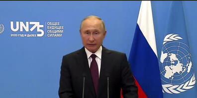 SCREENSHOT - Wladimir Putin, Präsident von Russland, spricht während einer vorab aufgezeichneten Videobotschaft anlässlich des Beginns der Generaldebatte der 75. UN-Vollversammlung. Aufgrund der Corona-Pandemie findet die Debatte in diesem Jahr gr...