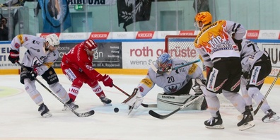 Torhüter Reto Berra (Fribourg) mit erfolgreicher Abwehr gegen die SCRJ Lakers. Bild: Thomas Oswald, Archiv.