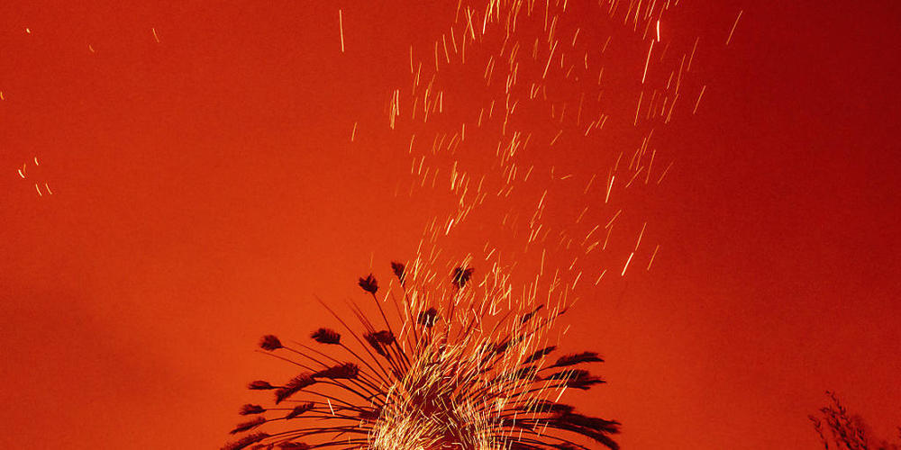 ARCHIV - Funken fliegen bei einem Buschfeuer, dem Glass-Feuer, aus einer brennenden Palme. Seit der Jahrtausendwende sind nach einem UN-Bericht deutlich mehr Naturkatastrophen passiert als in den 20 Jahren davor. Foto: Noah Berger/AP/dpa