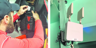 Der Sensor wird im Brustpanzer des Spieler angebracht. Das Signal wird von verschiedenen Ankern (rechts) in der Arena aufgenommen. 