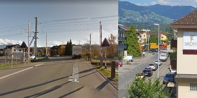 Die Schranken des Bahnübergangs an der Allmeindstrasse (l.) werden nach dem Doppelspurausbau noch länger unten bleiben. Bereits heute bilden sich zeitweise lange Rückstaus.