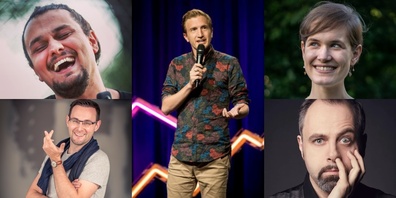 Am Wochenende geht in Rapperswil die «Comedy-Post» ab: Stefan Büsser (m.), Michelle Kalt (o.r.), Michel Gammenthaler (u.r), Ahmet Bilge (o.l.) und «dä Chäller» (u.l.) bringen Comedy nach Rapperswil.