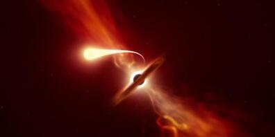 Künstlerische Darstellung eines Sterns, der durch die Gezeitenwirkung eines schwarzen Lochs eine "Spaghettisierung" erfährt.