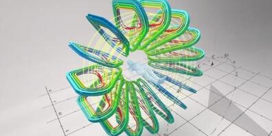 Screenshot aus dem Demonstrationsvideo für das Hadronentherapie-Portal GaToroid: Hellblau im Zentrum des blaugrünen Magneten-Kranzes der Patient, grau der Hadronenstrahl, der von den Magneten an die präzis richtige Stelle gelenkt wird. (EPFL/CERN)